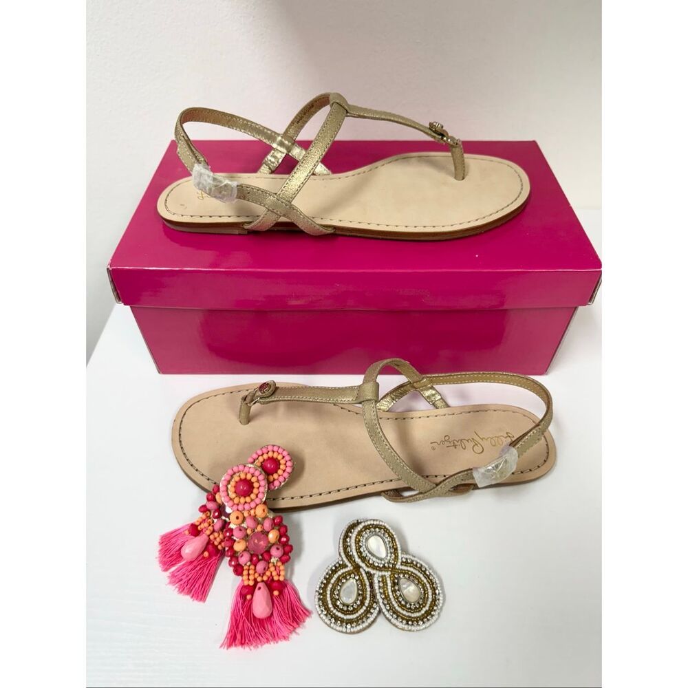 New Lilly Pulitzer Island Sandal Gold‎ Metallic Pearl Beaded Fringe 8